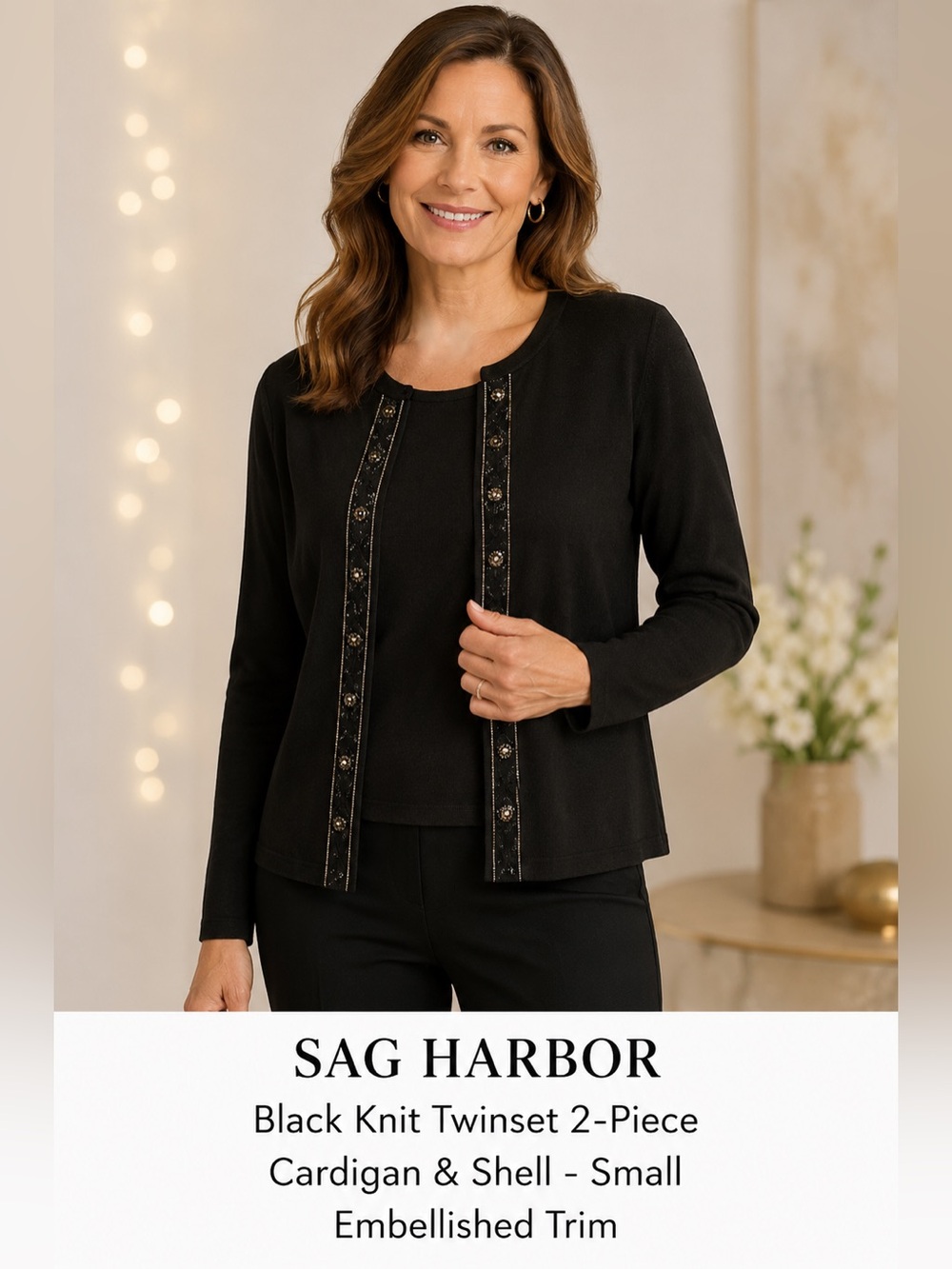 Sag Harbor Black Knit Twinset 2-Piece Cardigan & Shell - Small Embellished Trim